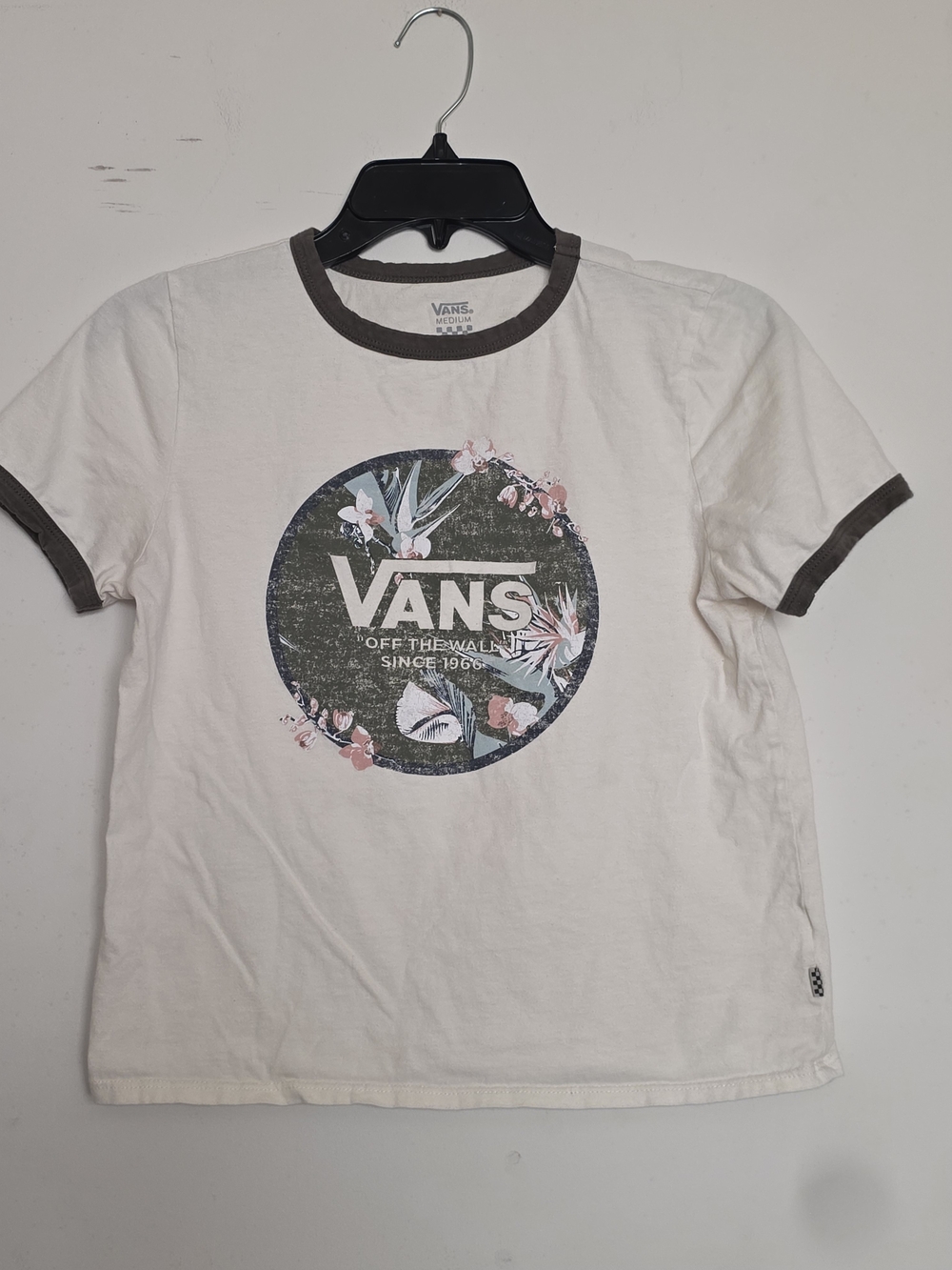 Vans White Tee with Brown Ringer and Floral Circle Logo